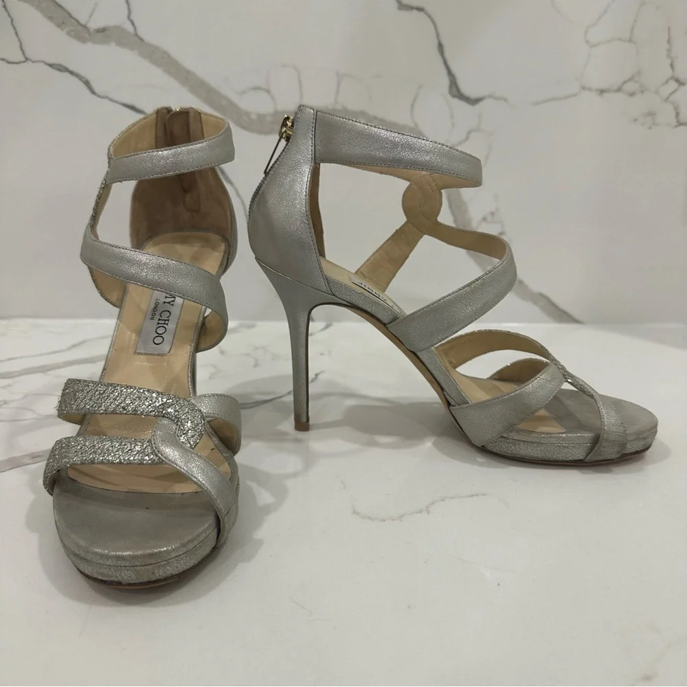 Jimmy Choo Authentic Designer Glittering Silver High Heels - Picture 11 of 16